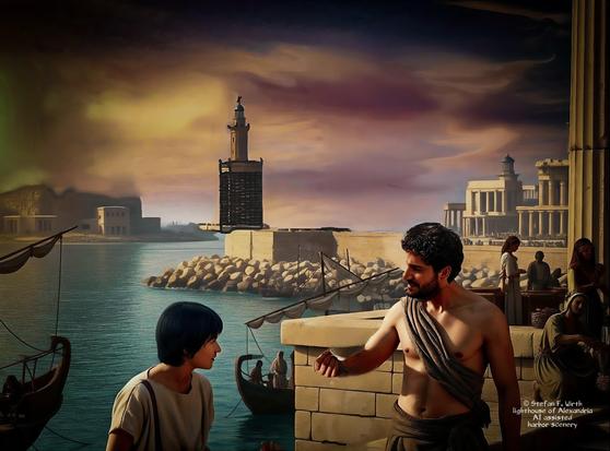 Scene 2: One of my harbor sceneries at times of the Ptolemaic dynasty with the famous lighthouse of Alexandria in the background. I developed the sceneries based on my mere imagination with the tower referring to a reconstruction by Hermann Thiersch (1909). I developed the picture with AI assistance, optimized colors and contrasts via Lightroom and Photoshop, corrected the AI tower version by hand and moved it to its final position. © Stefan F. Wirth, Berlin 2025