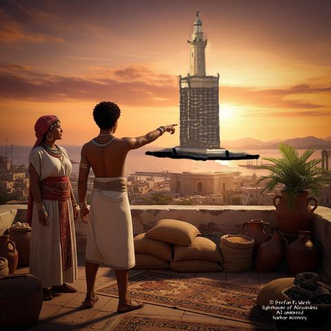 Scene 3: One of my harbor sceneries at times of the Ptolemaic dynasty with the famous lighthouse of Alexandria in the background. I developed the sceneries based on my mere imagination with the tower referring to a reconstruction by Hermann Thiersch (1909). I developed the picture with AI assistance, optimized colors and contrasts via Lightroom and Photoshop, corrected the AI tower version by hand and moved it to its final position. © Stefan F. Wirth, Berlin 2025