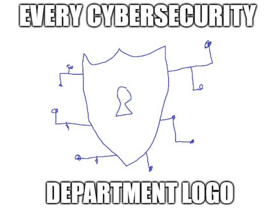 Mspaint drawn shield with a keyhole with circuit paths coming out the sides.

"EVERY CYBERSECURITY DEPARTMENT LOGO"