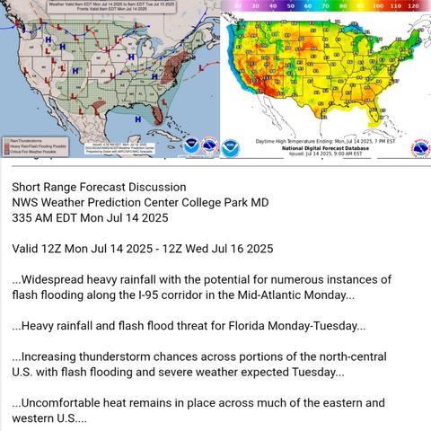 Valid 12Z Mon Jul 14 2025 - 12Z Wed Jul 16 2025

...Widespread heavy rainfall with the potential for numerous instances of
flash flooding along the I-95 corridor in the Mid-Atlantic Monday...

...Heavy rainfall and flash flood threat for Florida Monday-Tuesday...

...Increasing thunderstorm chances across portions of the north-central
U.S. with flash flooding and severe weather expected Tuesday...

...Uncomfortable heat remains in place across much of the eastern and
western U.S....