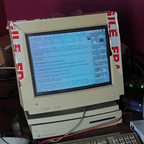 an old macintosh LCIII displaying netscape navigator, a search query has been made via frogfind.com to find an article explaining how to wire up an LED matrix
