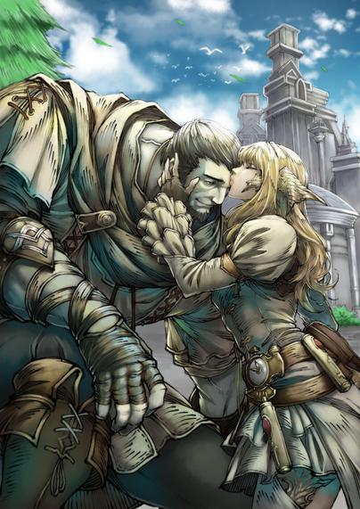 a couple from the hrothgar race and the aura race embracing