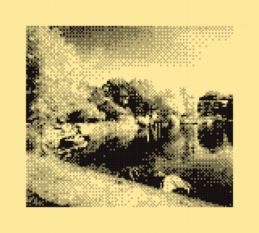 Photo of a canal, within a public park, with trees around, on a sunny day, highly pixelated