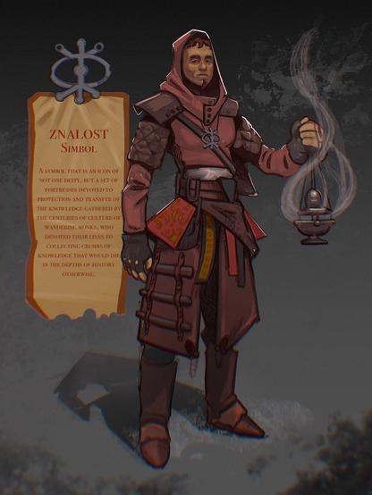 An OC of dressed in red armor monk, holding incense in his left hand.
Behind him, there is a info about symbol the monk is wearing - Znalost - which is meant to represent group of monks (and their order's stronghold) meant to gather, protect and share knowledge with people willing to learn it.