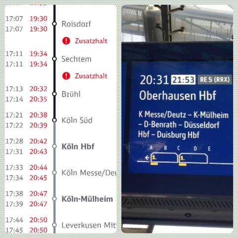 Left picture: screenshot from the DB App showing a train with three hours and 14 minutes delay.
Right picture: photo of an electronic announcer showing a train of the same line with twenty-two-minutes delay.