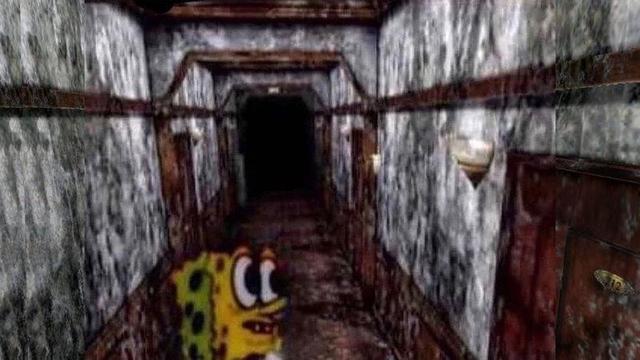 spongebob scared in a grungy hallway from silent hill