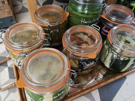 Des bocaux à caoutchouc posés sur un plateau et contenant des concombres, des aubergines, des courgettes, des prunes et des haricots verts en lactofermentation