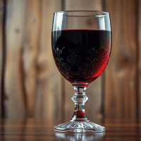 Vaso decorativo con vino tinto sobre una mesa de madera con fondo desenfocado.