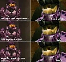 are you a man or a woman? I am a villain 
what gender are you? evil 
yeah but what's in your pants? doom
