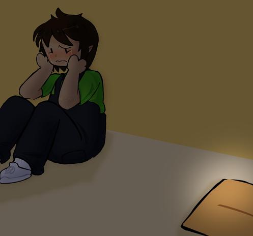 An individual is sitting in a corner, hugging their knees and looking distressed. They have short brown hair and wear a green shirt and dark overalls. The scene is dimly lit, with a small light illuminating a piece of paper or cardboard on the