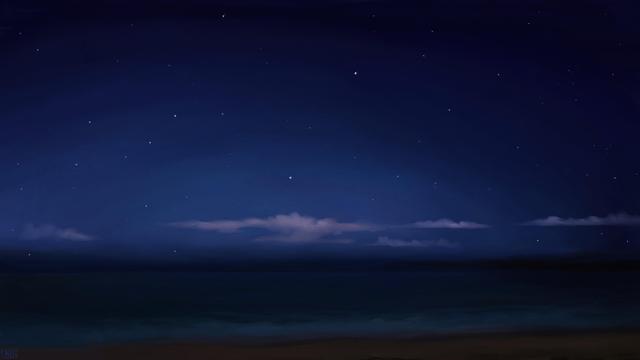 Digital painting of a night scene: a quiet sea under a clear, deep, starry sky, with only a few, thin, long cumulus on the horizon. The sky is a gradient of blue, from light to dark.
