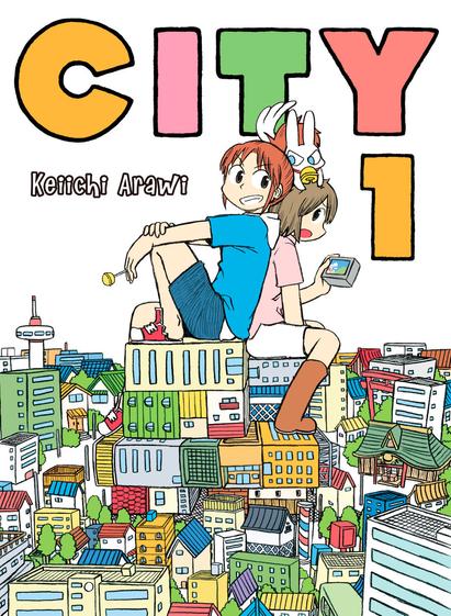 Cover of volume one of "CITY" by Keiichi Arawi

Nagumo, holding a lollipop, sits back to back with Niikura, holding a camera and with a long-eared cat perched on her head, atop a stack of overturned buildings in the middle of a colorful cityscape. Either the girls are kaiju-size, or the buildings are miniatures.