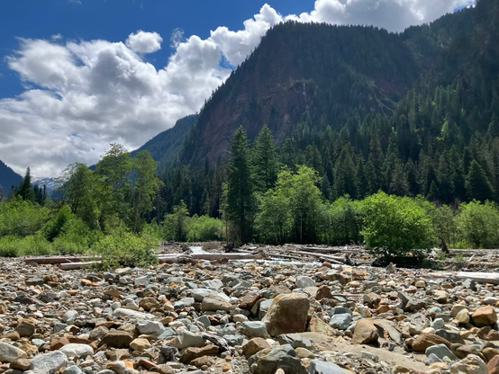 SF Cascade River Valley. Clouds, hills, and river bed.