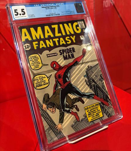 A slabbed copy of Amazing Fantasy #15 (1962), the comic book that introduced Spider-Man, with a CGC grade of 5.5; if you owned that issue you could sell it for a decent-sized house these days