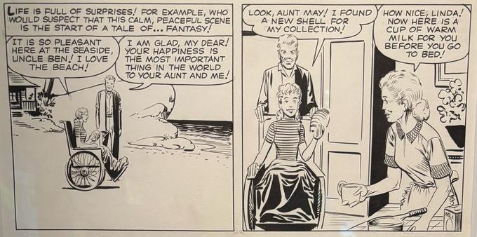 Two panels from Strange Tales #97 (1962) depicting Uncle Ben and Aunt May with their niece Linda Brown, who sits in a wheelchair