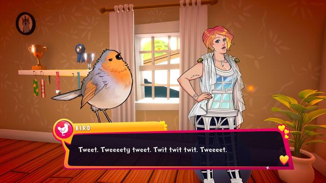 Screenshot from Date Everything! A conversation occurring between Windolyn and Birdnard, a random bird. Birdnard is saying "Tweet. Tweeeety tweet. Twit twit twit. Tweeeet." and Windolyn looks shocked.