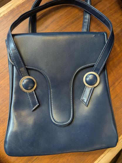 a blue leather handbag makes a face.
blue button fasteners are eyes.
between them, a long narrow flap is the nose.