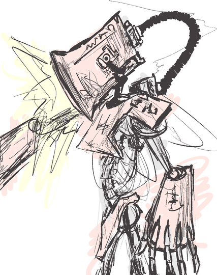 A very rough sketch of a robot with an elongated tv head, very scrappy armor and an exposed "spine". Wires all over