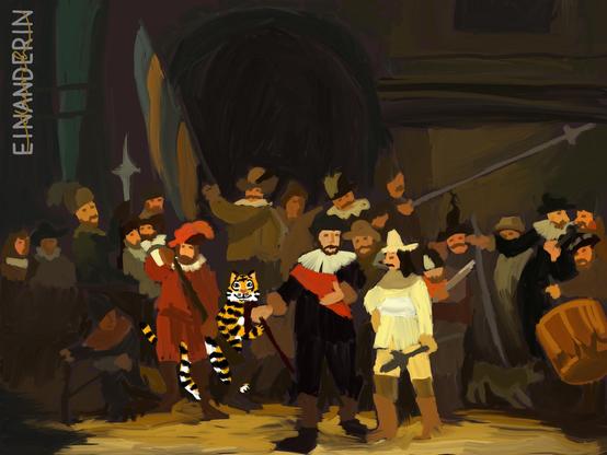 Ein digitales Gemälde im Stil von Rembrandts "Die Nachtwache". Farbgebung und Details wurden sehr vereinfacht dargestellt. Das Bild zeigt eine Gruppe von Personen, die sich in einer Nacht vor einem Gebäude mit Torbogen versammelt haben. Statt des sonst gemalten, hell gekleideten Mädchens ist hier ein Tiger zwischen den Männern.

A digital painting in the style of Rembrandt's "The Night Watch." The colors and details have been rendered in a very simplified manner. The image shows a group of people gathered at night in front of a building with an arched doorway. Instead of the brightly dressed girl usually depicted, there is a tiger among the men.