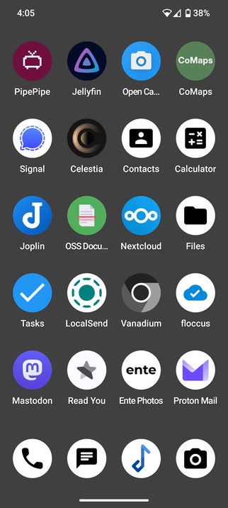 A current screen capture of GrapheneOS on a pixel 8 Pro. Open source application icons against a custom colour wallpaper.