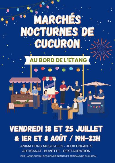 Affiche annonçant : marché de créateurs à Cucuron et vendredi 18 et 25 juillet et les 1er et 8 août de 19h à 23h
