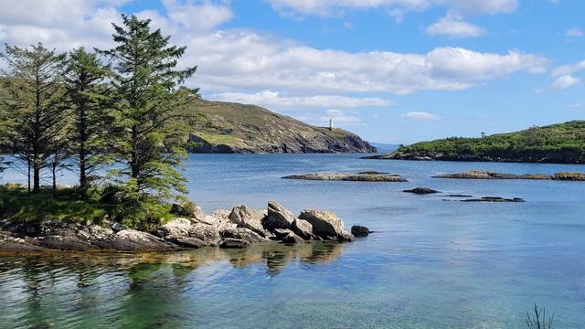 A little island with 3 trees in foreground, blue water and two shores, one with a lighthouse in the background