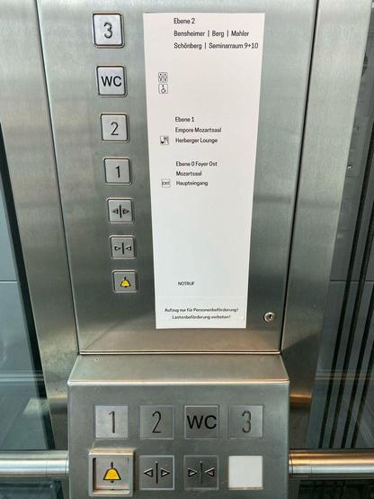 Lift panel displaying buttons with text in German next to them . Starting from top to bottom: 
3 = Ebene 2 (Bensheimer, Berg, Mahler, Schönberg, Seminarraum 9+10), WC, 2 = Ebene 1 (Empore Mozartsaal, Herberger Lounge), 1 = Ebene 0 (Foyer Ost, Mozartsaal, Haupteingang), Open door, close door, alarm = Notruf