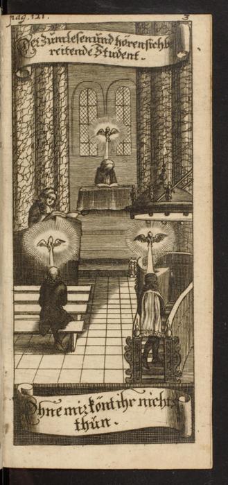 A copperplate print showing an early modern church setting where 4 men are present. While the priest is lecturing, the other three mean are connected to the holy ghost - and this connection is made visible for the print by a glowing cloud above the heads. Inside of the cloud is the symbol of the Holy Spirit in Christian iconography: a dove. 

This image os part of "Der Andächtige Student" (VD17 1:075522G) from 1682.