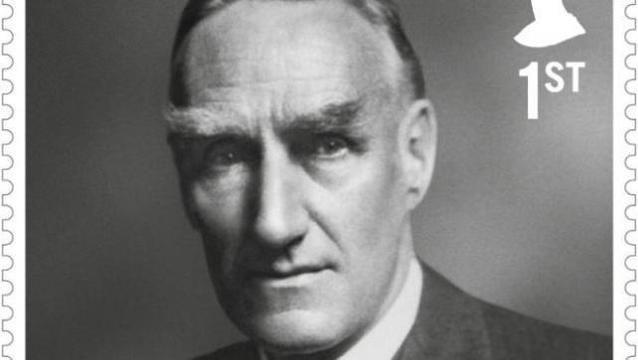 A photo of the 1st class stamp with his head on it