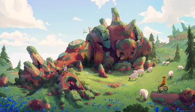 a very large robot half buried in the ground on the slope of a hill. it's dead, rusted over and covered in moss and plants. a few kids are playing on and around out while some sheep graze nearby.