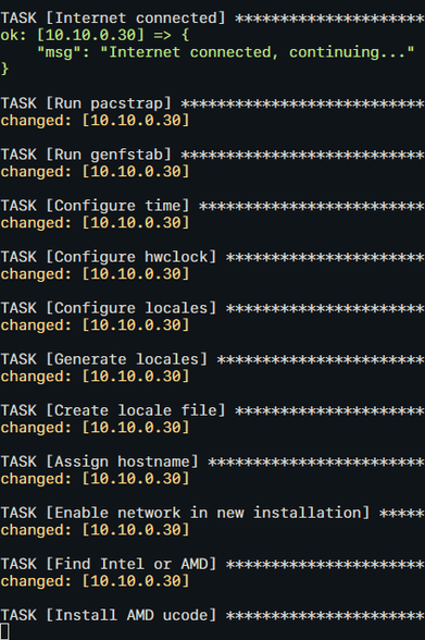 A list of tasks ran by ansible indicating the installation of Arch Linux