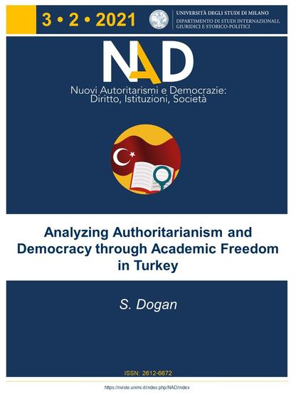 Copertina NAD 3-2-2021 
Dogan , Sevgi. «Analyzing Authoritarianism and Democracy through Academic Freedom in Turkey». Nuovi Autoritarismi E Democrazie: Diritto, Istituzioni, Società (NAD-DIS), vol. 3, fasc. 2, dicembre 2021, doi:10.13130/2612-6672/16921.
