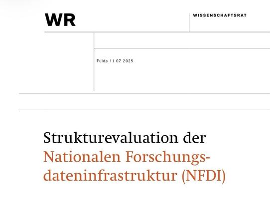The image shows a document header with the title "Strukturevaluation der Nationalen Forschungsdateninfrastruktur (NFDI)" and the date "Fulda 11 07 2025." The logo "WR" is prominently displayed at the