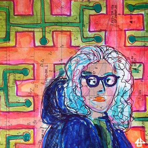 Aquarelierte Finelinerzeichnung: Person mit schulterlangen welligen weissen Haaren, die an den Spitzen blau gefärbt sind. im Hintergrund abstrakte labyrinthine Formen in grün und pink.