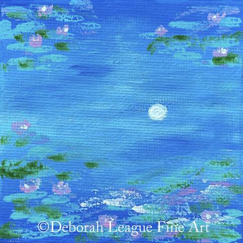 A serene moonlit scene is depicted with delicate blue, green, and pink colors, where water lilies float tranquility on the surface. The moon’s reflection shimmers subtly in the water, creating a calming atmosphere. Square art format.