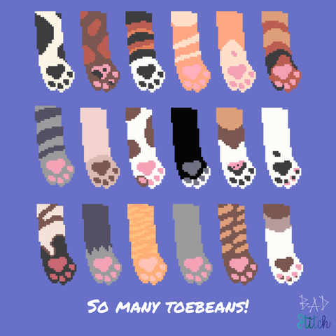 A page of pixel art showing different cat paws with different markings. So many toebeans! BAD Stitch.