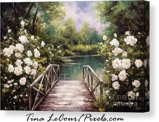 This is a canvas painting of a charming wooden bridge overlooking a a body of water surrounded by pretty white rose bushes.