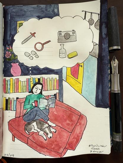 Sketch in sketchbook of me leisurely sitting on a sofa with my dog curled up next to me, while I'm reading a murder mystery book