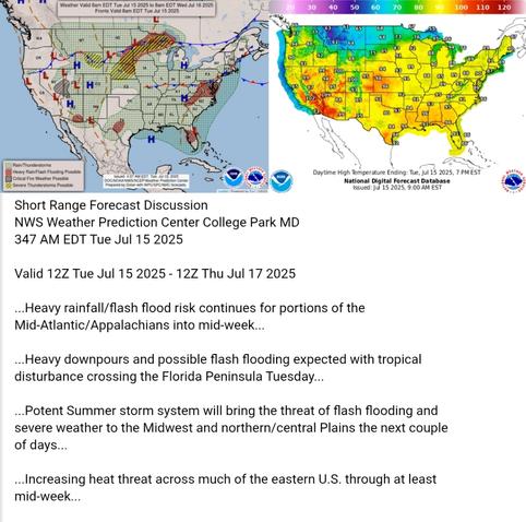 Valid 12Z Tue Jul 15 2025 - 12Z Thu Jul 17 2025

...Heavy rainfall/flash flood risk continues for portions of the
Mid-Atlantic/Appalachians into mid-week...

...Heavy downpours and possible flash flooding expected with tropical
disturbance crossing the Florida Peninsula Tuesday...

...Potent Summer storm system will bring the threat of flash flooding and
severe weather to the Midwest and northern/central Plains the next couple
of days...

...Increasing heat threat across much of the eastern U.S. through at least
mid-week...