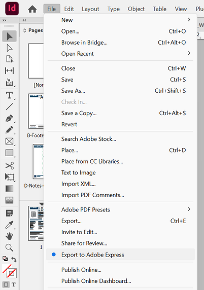 The "File" menu in InDesign. Out of all the options "Export to Adobe Express" is highlighted with a blue dot for some reason.