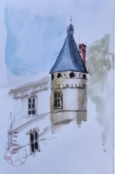 Croquis à l'aquarelle et au feutre fin d'une tour de château. "Château de Chaumont-sur-Loire - 15 07 25" plus un tampon