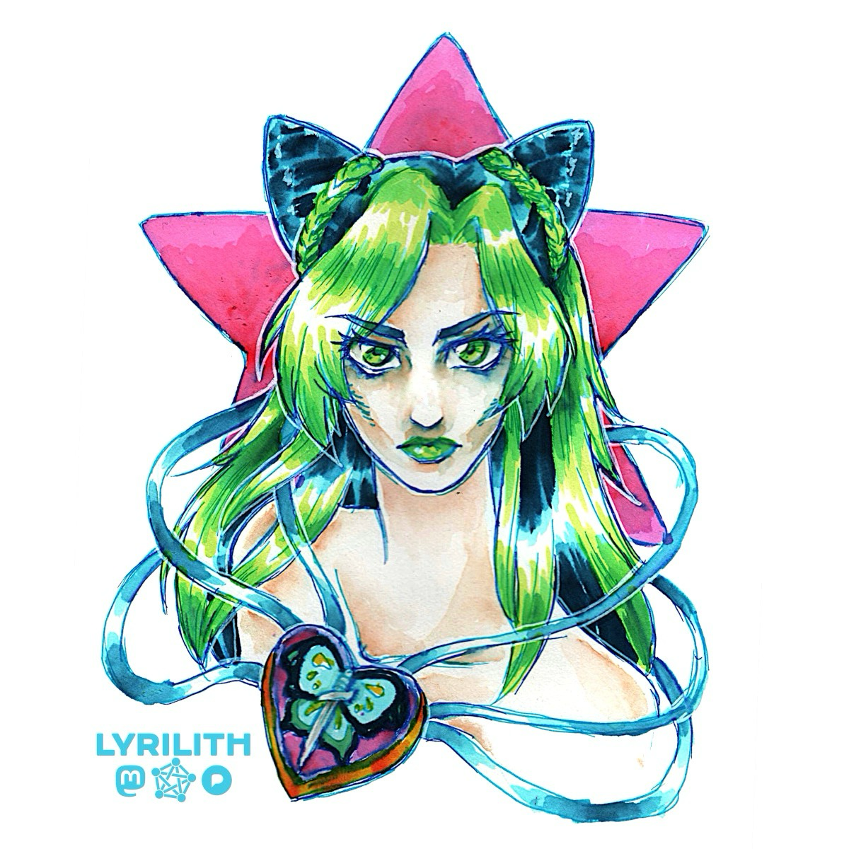 Portrait of Jolyne Cujoh from Jojo Bizarre Adventure done in watercolor markers and blue pen. She is looking directly at the viewer with a serious look, her upper body slightly turned away. Half of her dark blue and bright green hair are up in two buns in cat ear shape, the rest is flowing over her shoulders. The heart shape, containing a blue butterfly and a dagger, which normally decorates her clothes, is placed like a large brooch on her chest, blue ribbons flowing from it and around her body. Behind her a pink star shape is placed for contrast, referencing her birthmark.
