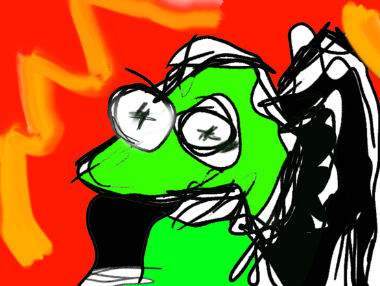 Kermit the frog Muppet is green with shapeless black clothing with an orange to red background that has an gold to orange jagged stripe.