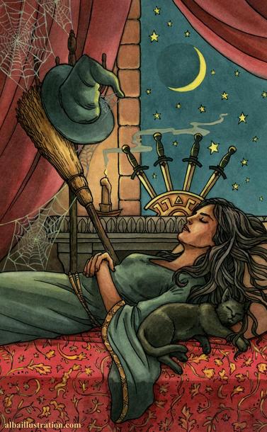 A witch lies sleeping peacefully on her back on a bed next to a black cat. Her broom and hat are nearby on a coat rack. There are 4 daggers in a display stand in front of an open window, moon and stars in the sky.