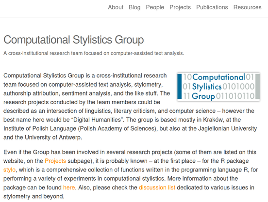 Website of the 
Computational Stylistics Group
A cross-institutional research team focused on computer-assisted text analysis.