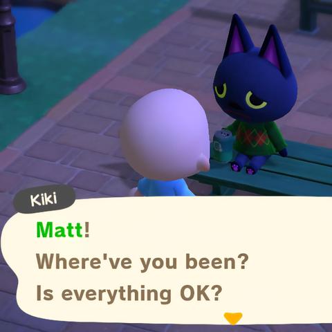 Animal Crossing: New Horizons screenshot set at night in town square. Kiki (black cat with yellow eyes wearing a green argyle sweater) is sitting on a green park bench talking to a bald, light skinned human with a large speech bubble at the bottom of the page. Kiki looks sad as she said, "Matt! Where've you been? Is everything OK?"