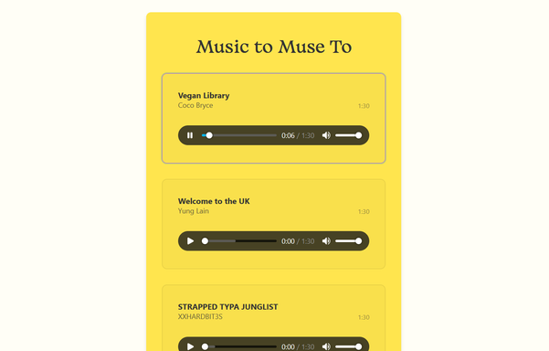 Screenshot of the music player example project. The page showcases snippets of Creative Commons music purchased from Bandcamp, with the song title, artist and audio player shown.

Unfortunately, I couldn't manage to get a proper playlist Javascript library working with the captive portal, so audio on a page will have to do for now...