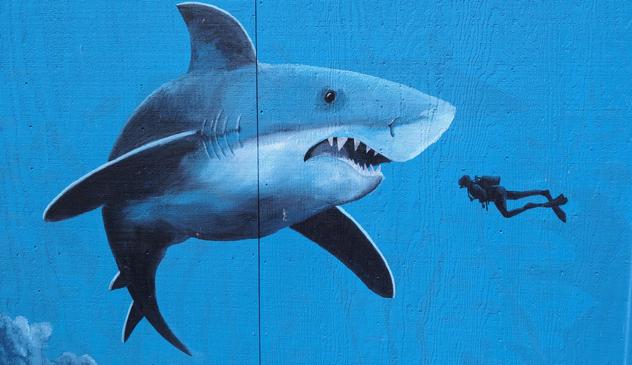 A painting by a local Oregon artist, on the side of a dock shed, of a gigantic shark being approached by a curvy scuba diver in a vast blue expanse.