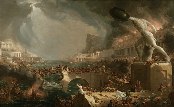 A painting in the Neo-Classical style shows buildings on fire with smoke filling the air. On the right, a statue of a warrior presides over scenes of chaos. The effect is that of a world being destroyed.