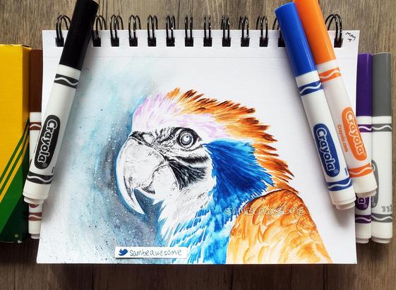 A realistic Crayola marker drawing of a parrot in profile, however the colors are all inverted. (Purple, orange, and blue feathers with a white beak.)
